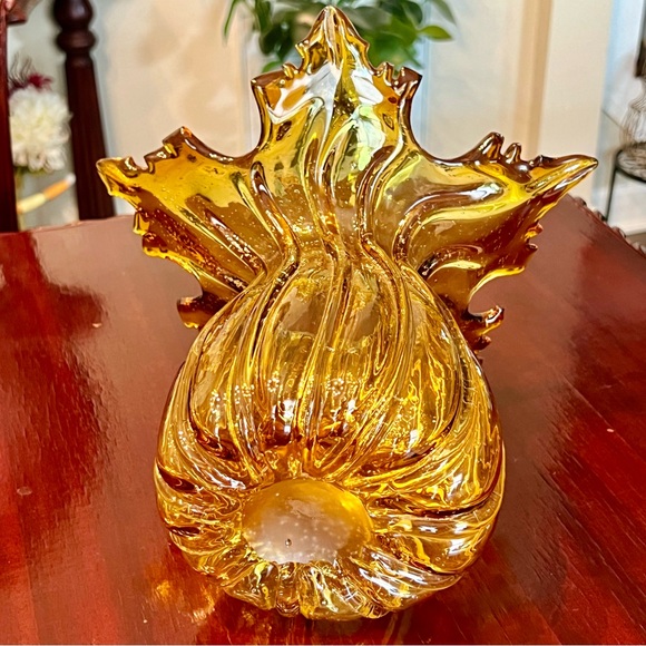 VTG Stretch Glass Vase Amber Ribbed Body Sunburst Flared Mouth Hand Blown 1960s - Picture 5 of 11